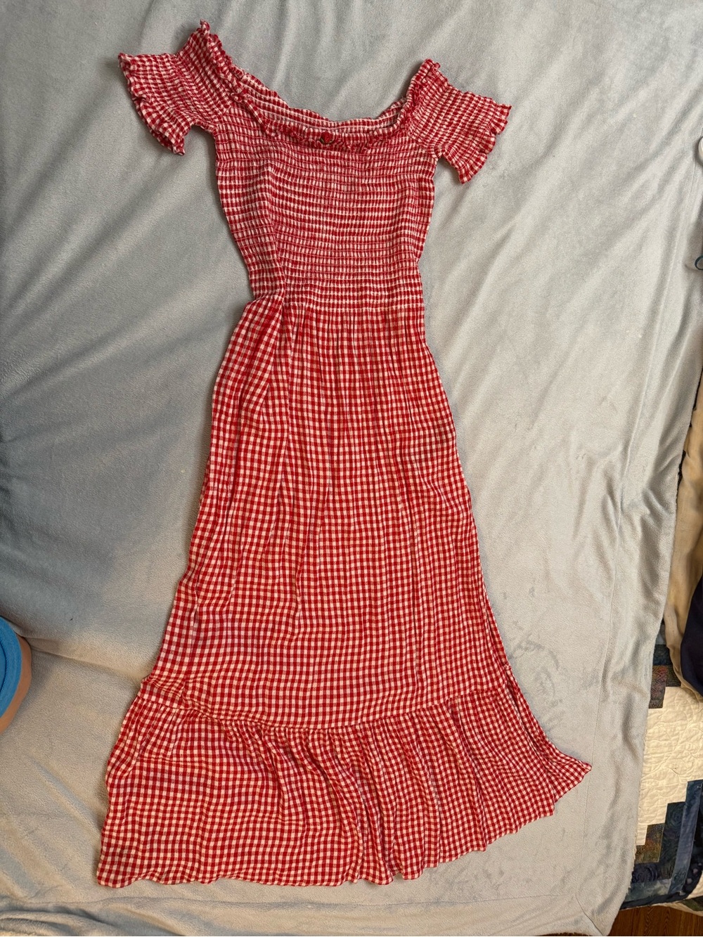 Urban Outfitters Red Gingham Off-Shoulder Maxi Dress